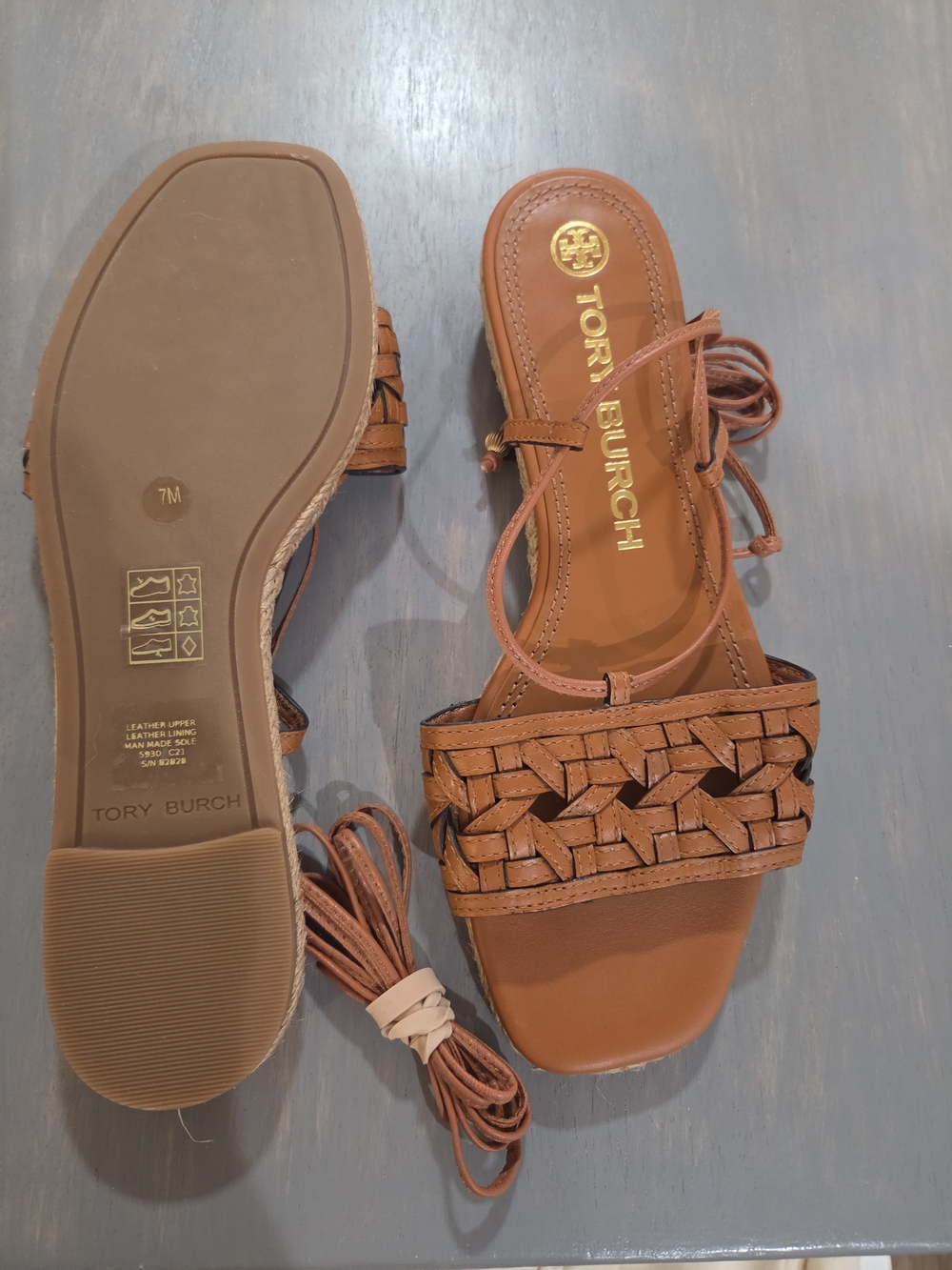 Tory Burch Basketweave Lace-Up Women's Sandals in Cognac - Picture 14 of 15